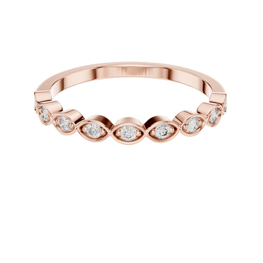 0.11 TCW Delicate Bezel Set Round Moissanite Diamond Band with Marquise Inspired Design