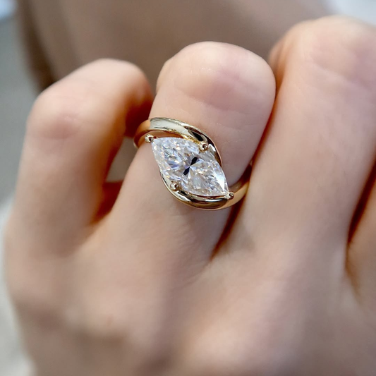 2.00 TCW Luxury Marquise Moissanite Diamond with Sculpted Bypass Modern Solitaire Statement Ring