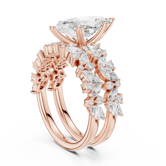 Marquise Cut Lab Diamond Ring with Wide Floral Pave Band - view 2