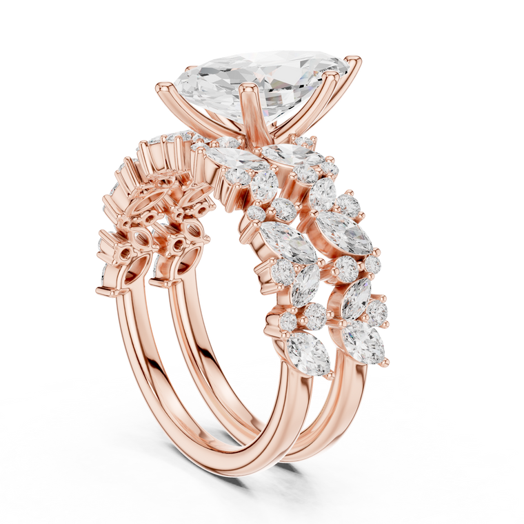 Marquise Cut Lab Diamond Ring with Wide Floral Pave Band - view 2