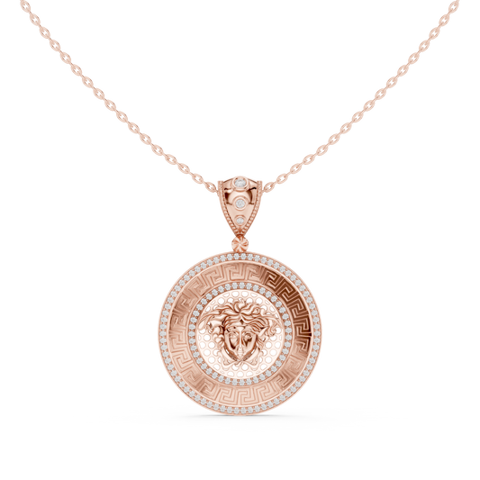 0.62 TCW Medusa Inspired Coin Elegant Greek Key Border and Moissanite Diamond Accents Statement Jewelry