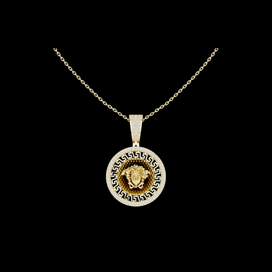 0.80 TCW Medusa Head Luxury Greek Key Medallion Pendant with Lab Grown Diamond Iced Border Classic Jewelry