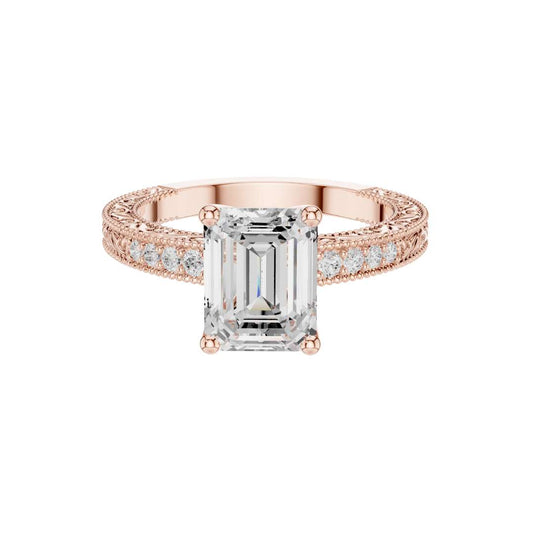 2.00 CT Luxury Emerald Cut Moissanite Diamond Ring with Pave Diamond Band and Milgrain Detailing