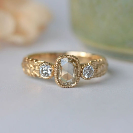 Cushion Rose Cut Vintage Three Stone Bezel Moissanite Engagement Ring - view 2