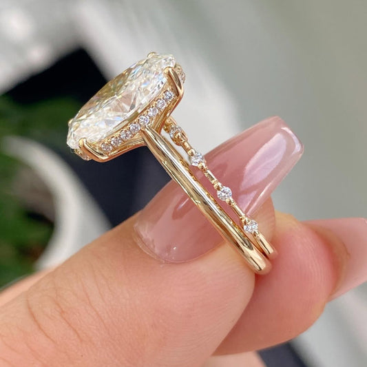 Hidden Halo Oval Moissanite Engagement Ring With Minimalist Band - view 3