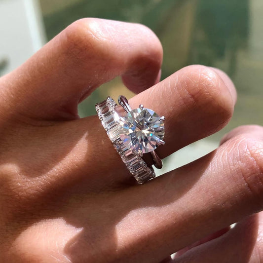 2.43 CT Luminous Round Moissanite Diamond Solitaire Ring Paired with Sleek Baguette Eternity Band For Calm Girl