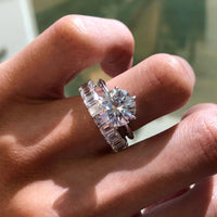 2.43 CT Luminous Round Moissanite Solitaire Ring Paired with Sleek Baguette Eternity Band For Calm Girl