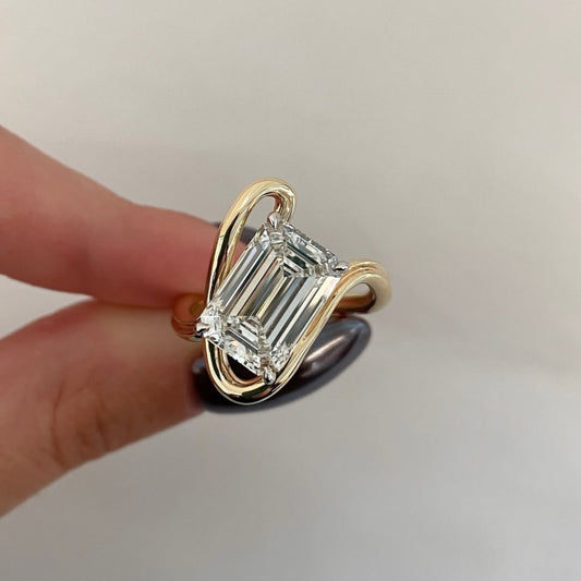 2.00 CT Sculptural Emerald Cut Moissanite Diamond Ring Wrap Around Gold Setting For Your Girl