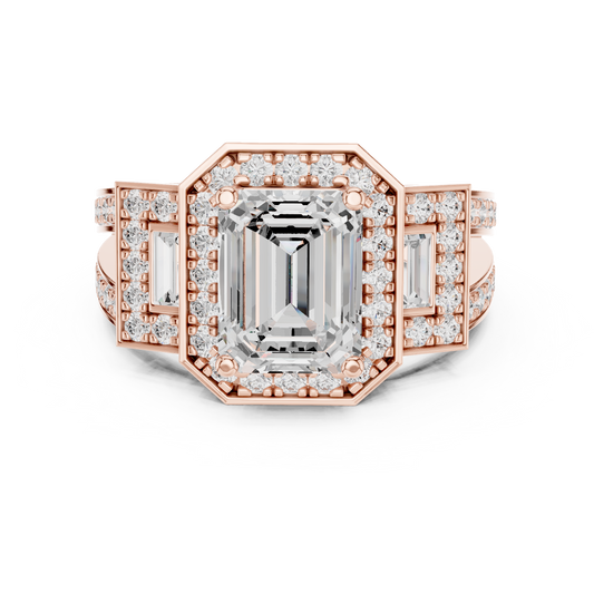 2.5 CT Iconic Statement Emerald Cut Center with Side Baguette Three Stone Double Halo Lab Diamond Ring