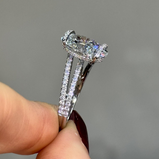 Oval Moissanite Split Shank Pave Band With Hidden Halo Wedding Ring - view 2