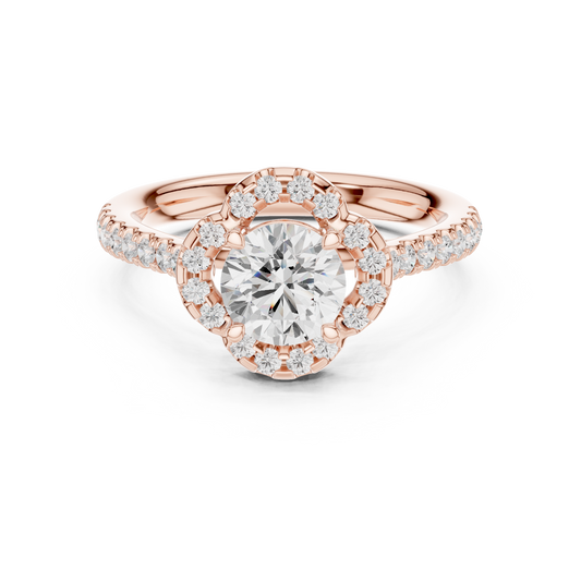 0.93 CT Exquisite Floral Halo Round Brilliance Moissanite Diamond Ring with Pave Accents