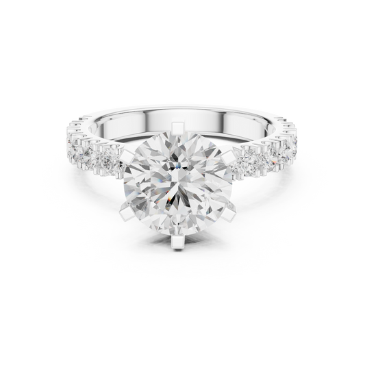 Round Cut Lab Diamond Six Prong Pave Solitaire Engagement Ring - view 3