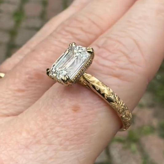Dual Prong Emerald Cut Engagement Ring With Engraved Band - view 4