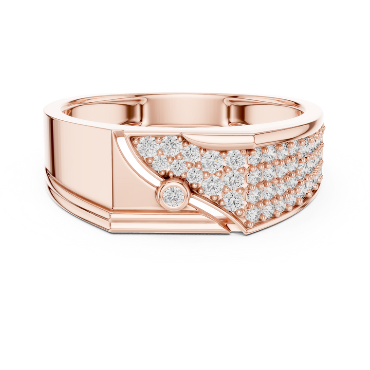 Round Cut Moissanite Men's Asymmetric Curved Pave Gold Signet Ring - view 2