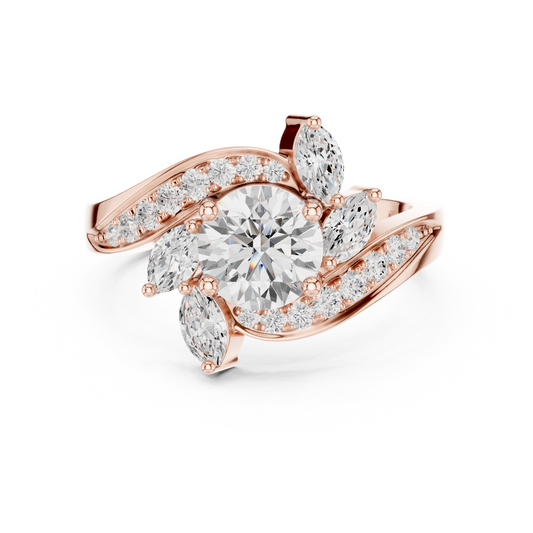 1.00 CT Designer Floral Inspired Round Lab Grown Diamond Ring with Marquise Accents and Pave Split Shank