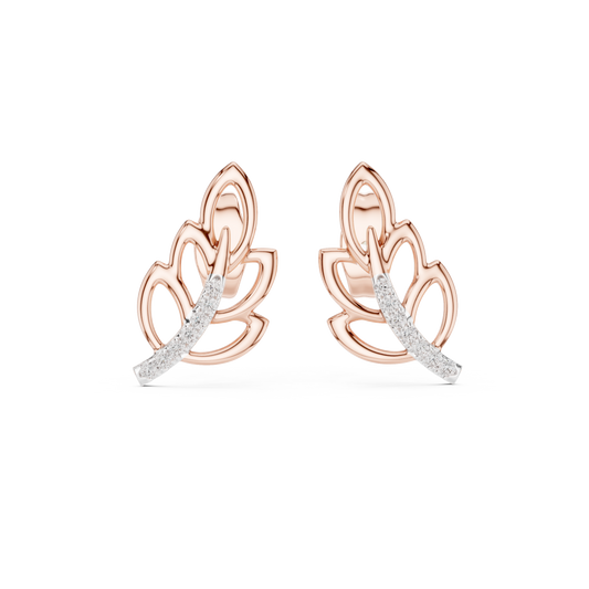 0.07 TCW Elegant Gold Leaf Stud Earrings with Lab Diamond Accented Curve Nature Inspired Fine Jewelry
