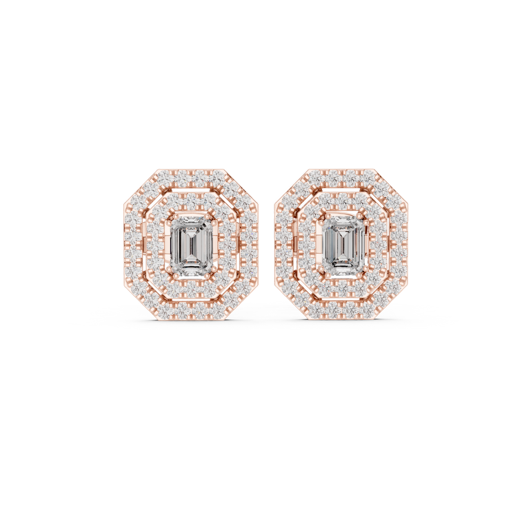 Octagonal Double Halo Emerald Cut Stud Earring - view 2