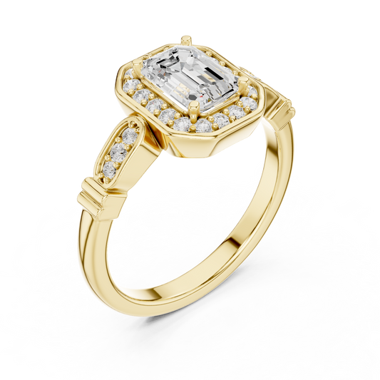 1.00 CT Octavia Radiance Emerald Cut Halo Lab Grown Diamond Ring with Sculpted Accents