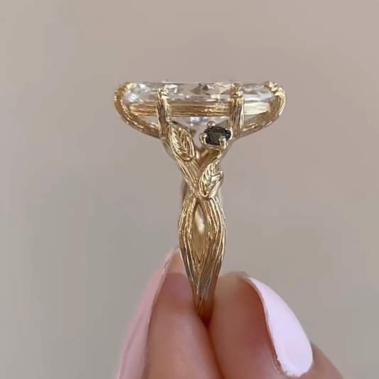 Marquise Cut Lab Diamond Leaf Vine Engagement Ring With Black Accents - view 3