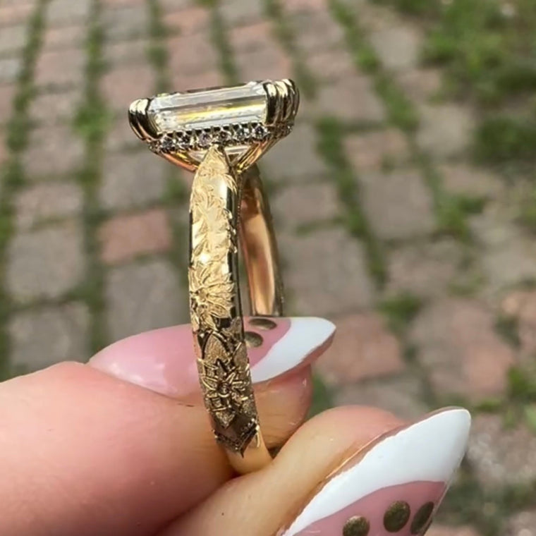 Dual Prong Emerald Cut Engagement Ring With Engraved Band - view 2