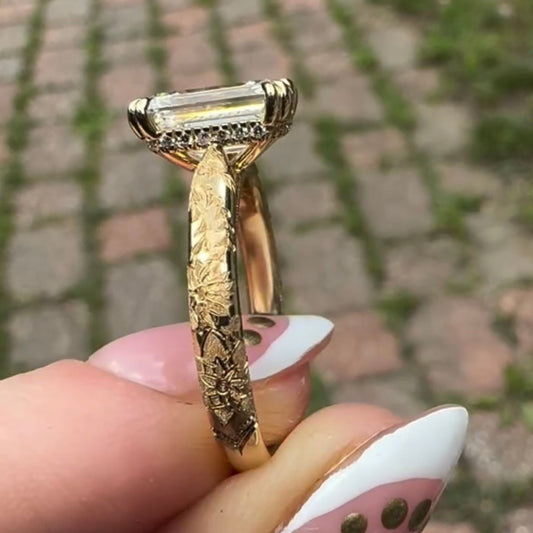 3.00 TCW Organic Textured Gold Emerald Cut Moissanite Diamond Ring with Sculpted Artisan Band
