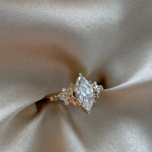 Floral Leaf Marquise Lab Diamond Wedding Ring With Side Stones - view 4