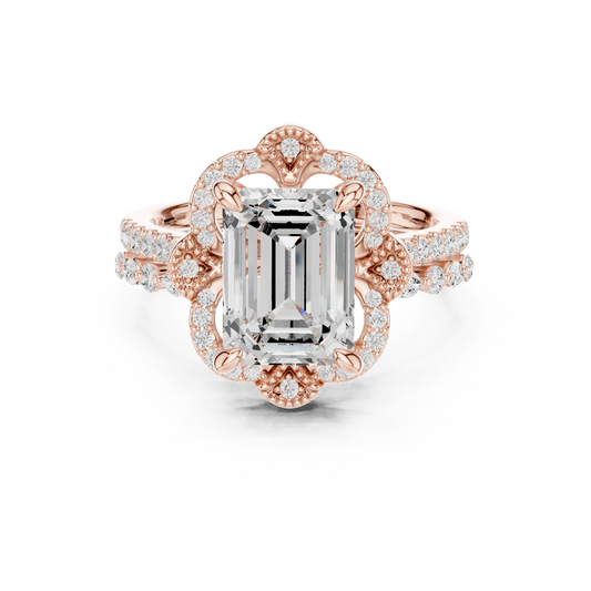 2.92 CT Vintage Inspired Emerald Cut Moissanite Diamond Ring with Scalloped Halo in Gold