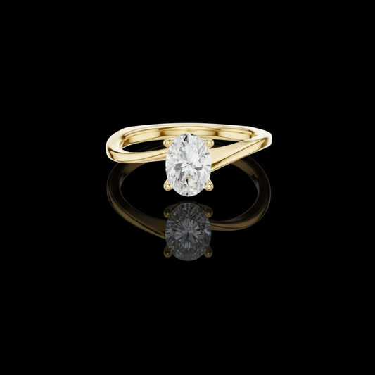 0.78 TCW Brilliant Oval Cut Moissanite Diamond on a Modern Fluid Twist Solitaire Gold Setting