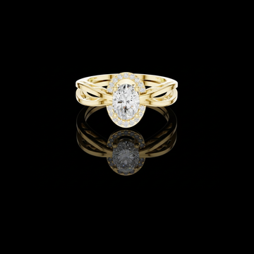 1.50 CT Elegant Oval Lab Grown Diamond Halo Ring Set in Polished Gold with Intricate Split Shank