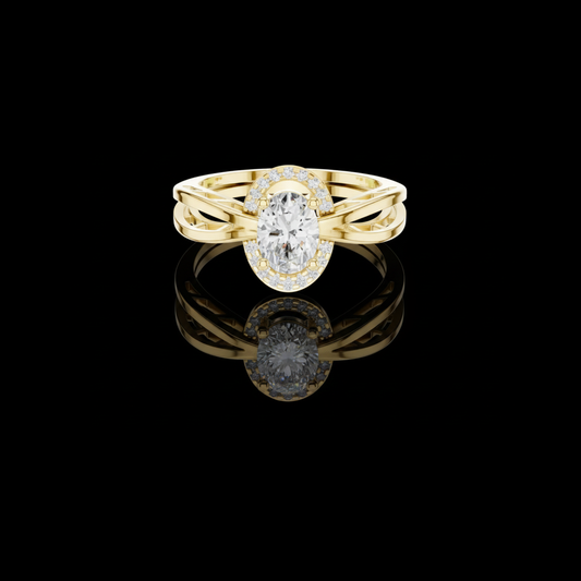 0.67 CT Elegant Oval Moissanite Diamond Halo Ring Set in Polished Gold with Intricate Split Shank