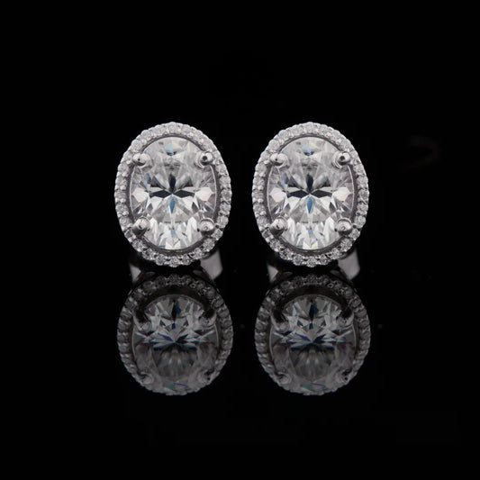 3.00 CT Classic Oval Cut Moissanite Diamond Stud Earrings with Sparkling Halo Setting in Polished White Gold