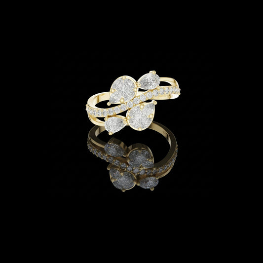 0.30 TCW Light-Catching Overlapping Pear Cut Lab Diamond Ring with Dual Pave Bands in Radiant Gold