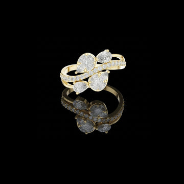 0.70 TCW Light-Catching Overlapping Pear Cut Lab Diamond Ring with Dual Pave Bands in Radiant Gold