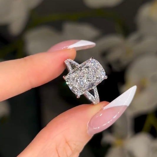 2.5 CT Elevated Four Prong Setting Elongated Cushion Cut Moissanite Diamond Ring with Pave Split Shank For Her