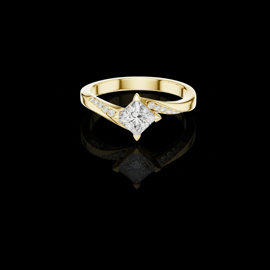 0.57 CT Modern Gold Bypass Ring Featuring a Princess Moissanite Center Diamond and Pave Accent Stones