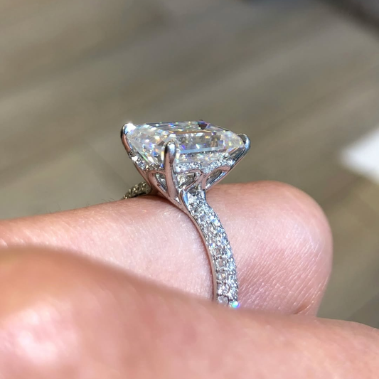 5.23 CT Luxurious Emerald Cut Moissanite Diamond Ring with Pave Band & Classic Four Prong Setting For Her