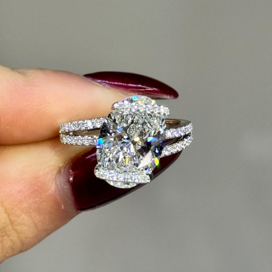 3.50 CT Luxurious Oval Cut Halo Moissanite Diamond with Split Shank Pave Band Statement Ring Fine Jewelry For Her