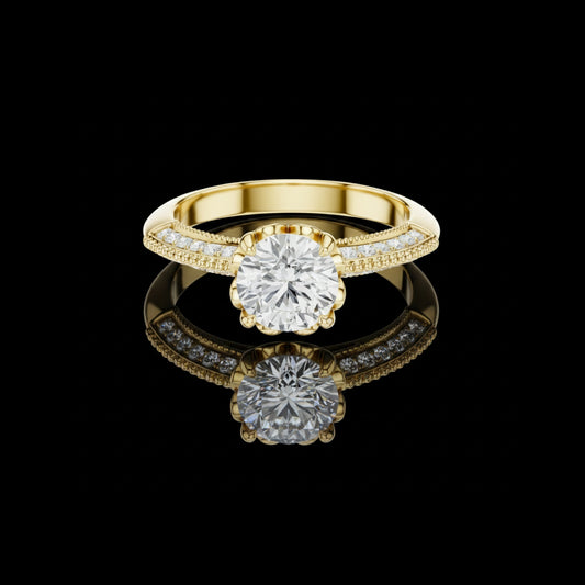 1.01 CT Vintage-Inspired Floral Round Lab Diamond Ring in Gold with Pavé Accents For Wedding Gift