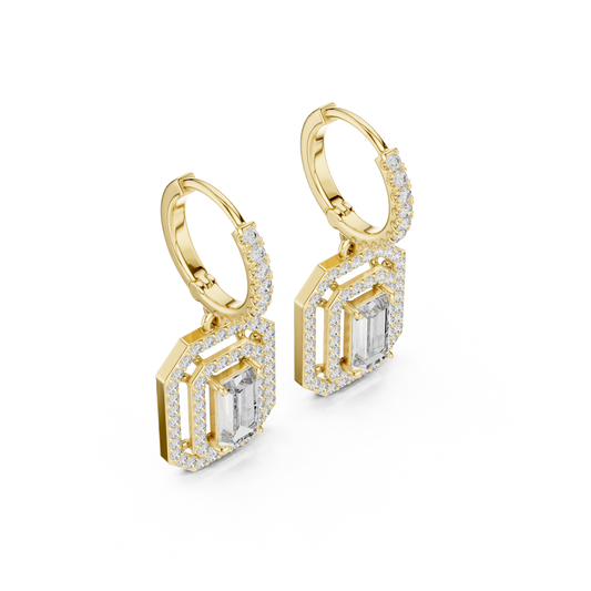 Art Deco Double Halo Emerald Cut Huggie Earrings - view 4