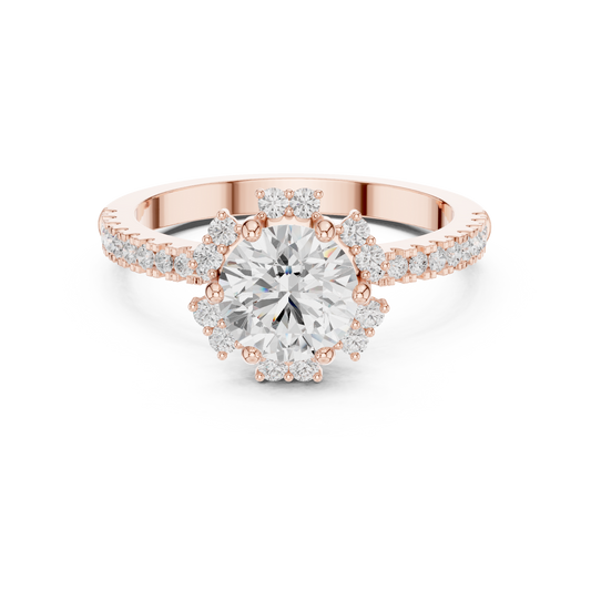 0.95 CT Sophisticated Round Halo Lab Grown Diamond Ring with Delicate Pavé Gold Bands