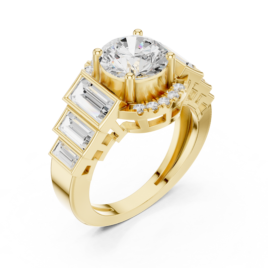 Round Halo Lab Diamond Ring with Tapered Baguette Side Stones - view 4