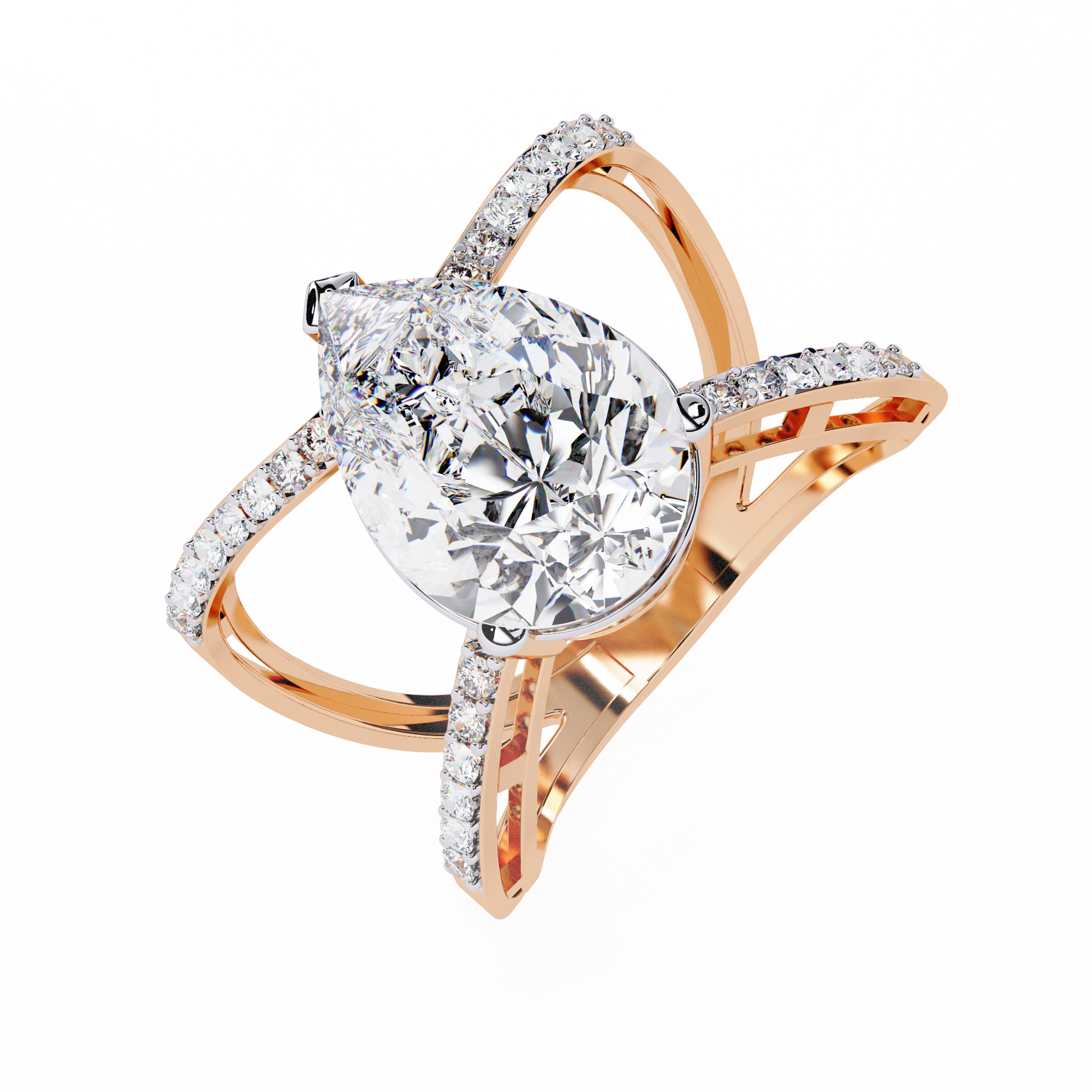 Rose gold ring with a large diamond and smaller diamonds 