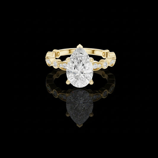 2.00 CT Vintage Inspired Pear Cut Solitaire Moissanite Ring with Diamond Accented Gold Band