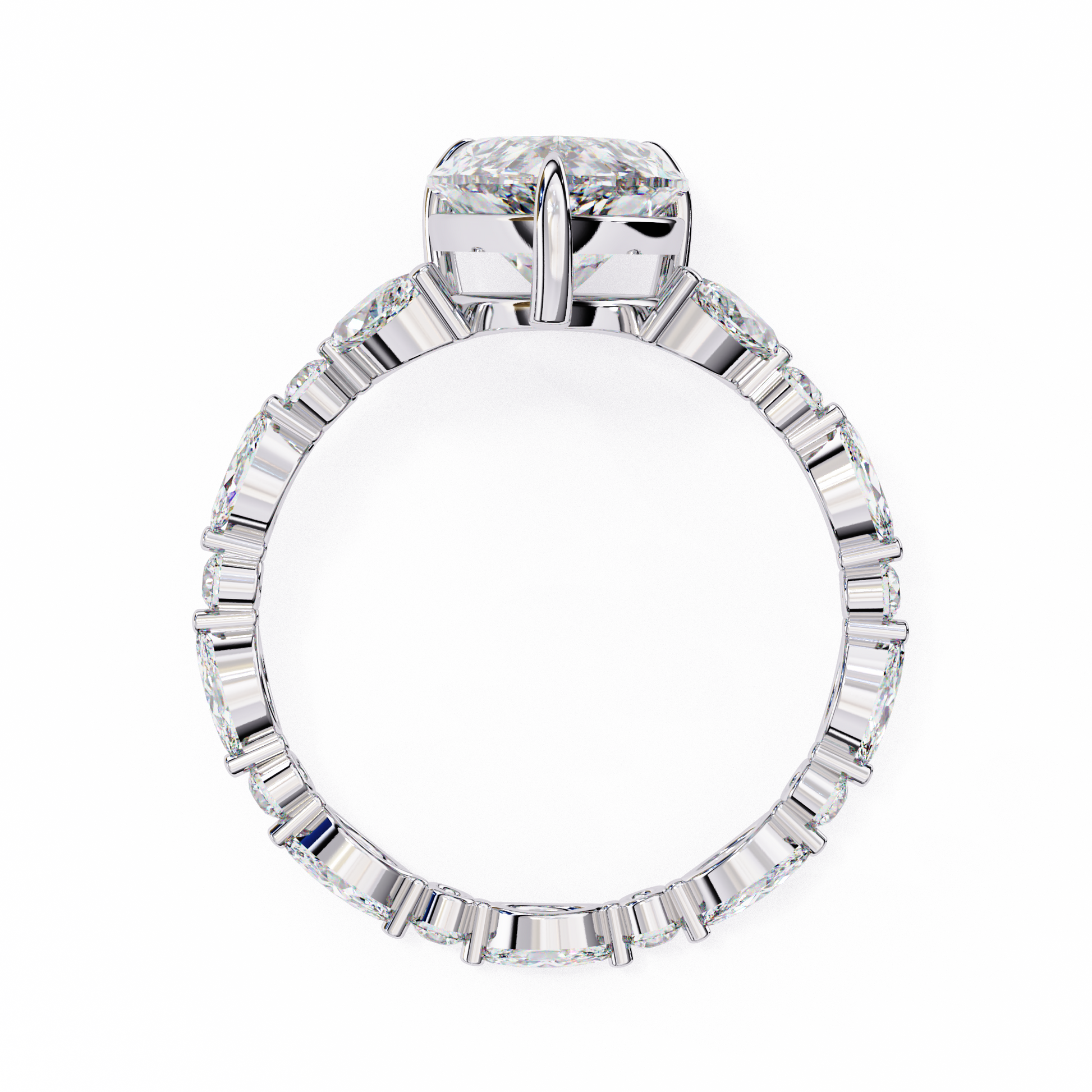 Diamond ring with a prominent central gemstone 