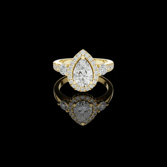 1.2 CT Exquisite Three Stone Pear Cut Lab Diamond Halo Ring with Round Side Stones Statement Ring