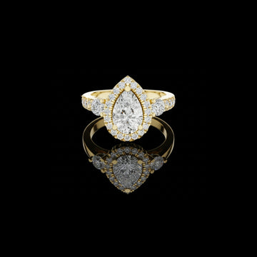 2.50 CT Exquisite Three Stone Pear Cut Moissanite Diamond Halo Ring with Round Side Stones Statement Ring