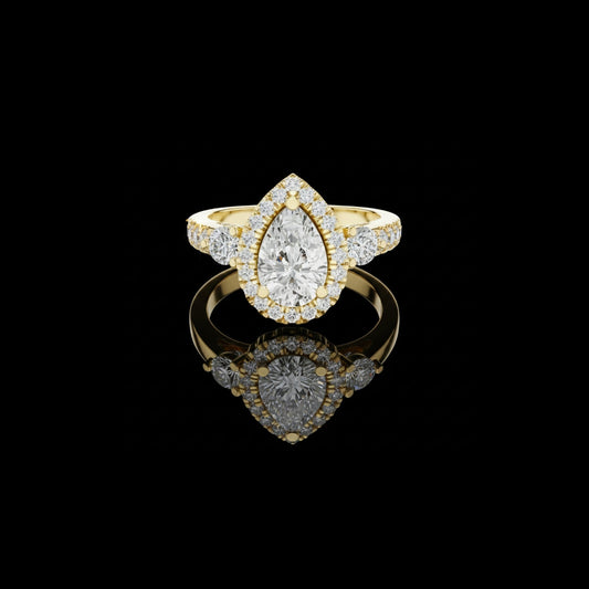 1.2 CT Exquisite Three Stone Pear Cut Moissanite Diamond Halo Ring with Round Side Stones Statement Ring