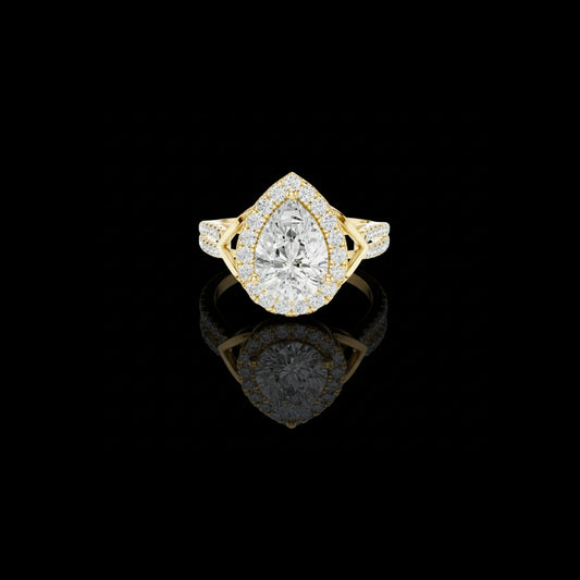 2.00 CT Geometric Pear Cut Moissanite Diamond Halo Ring in Gold with Double Pave Band For Gift