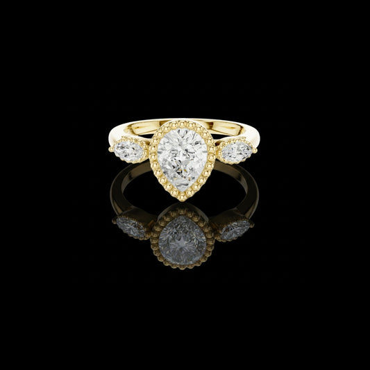 1.32 CT Vintage Inspired Pear Cut Three Stone Lab Diamond Ring in Textured Gold Halo For Her