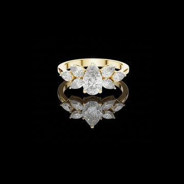 2.00 CT Heirloom Pear Cut Lab Diamond Ring with Petal Accents in High Polish Gold For Confident Girl